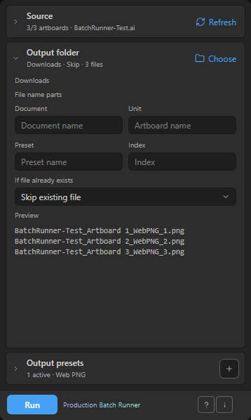 Output folder, filename parts, collision policy and filename preview