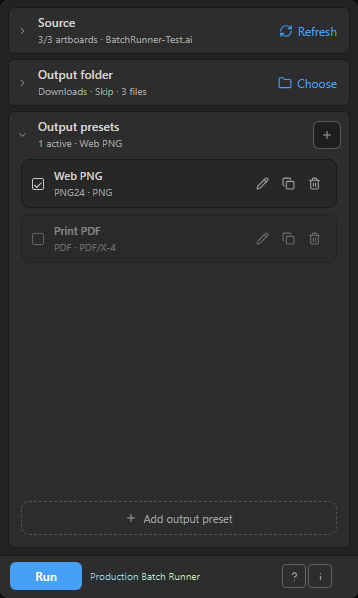 Output preset list with enabled formats and preset management