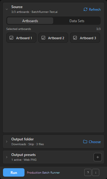 Production Batch Runner interface with artboard selection, local output folder, output presets and Run