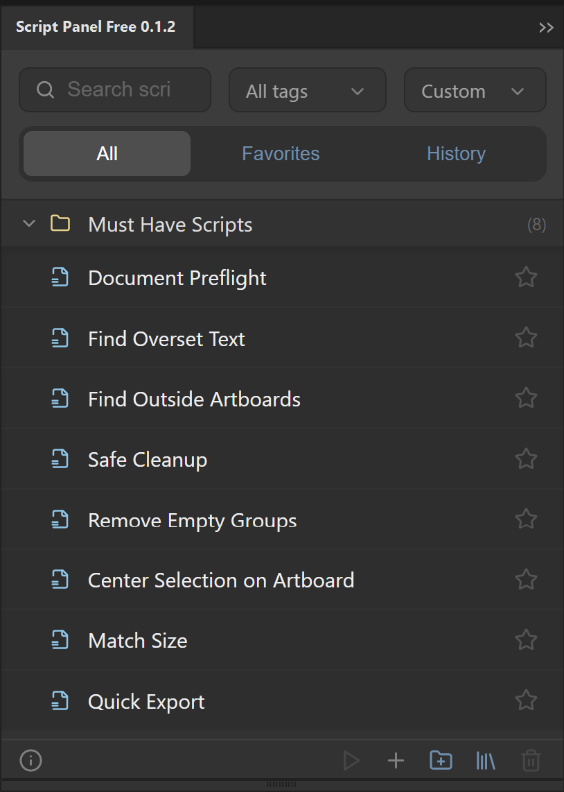 Script Panel Free 0.1.2 showing its eight Must-Have Scripts; Pro search and organization controls are unavailable