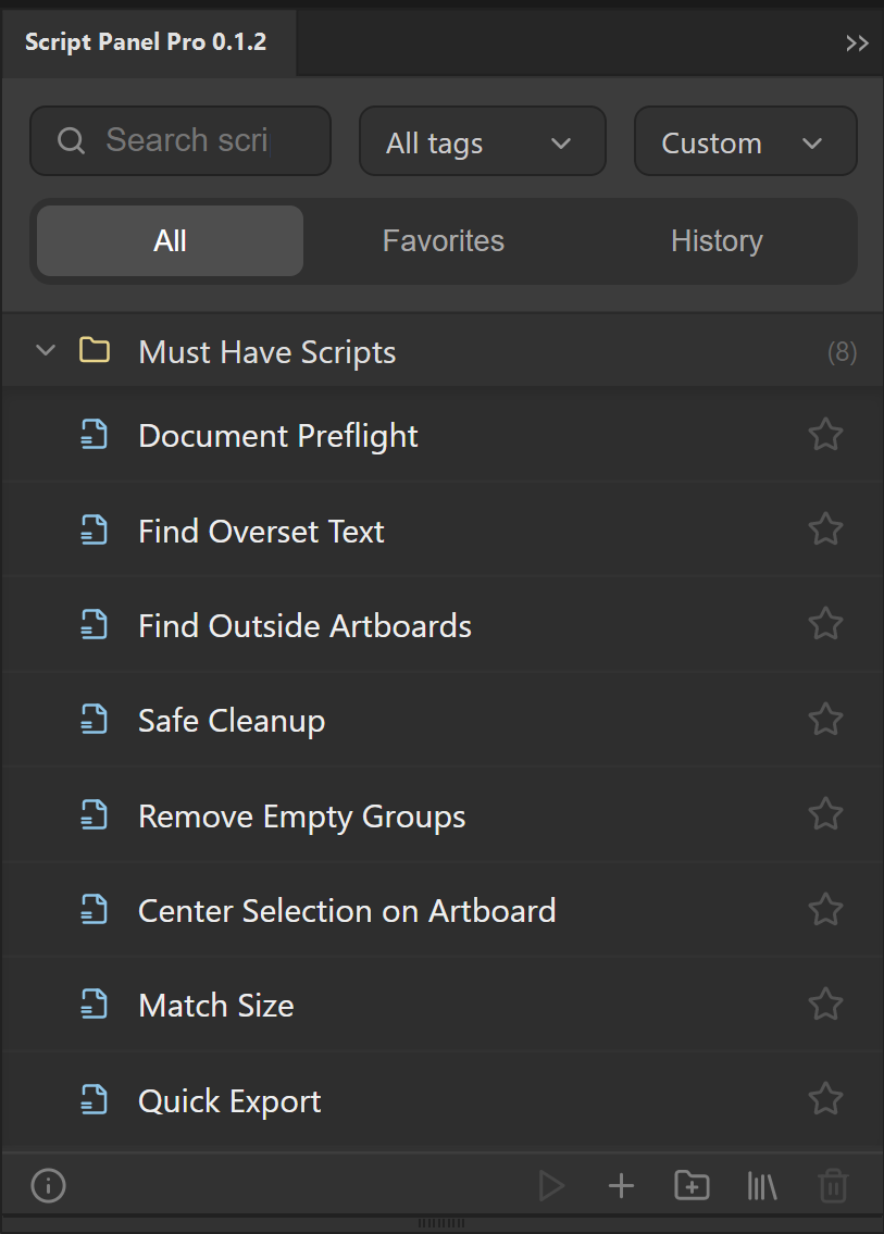 Script Panel Pro 0.1.2 with search, tags, sort, favorites, history and the Must-Have Scripts library