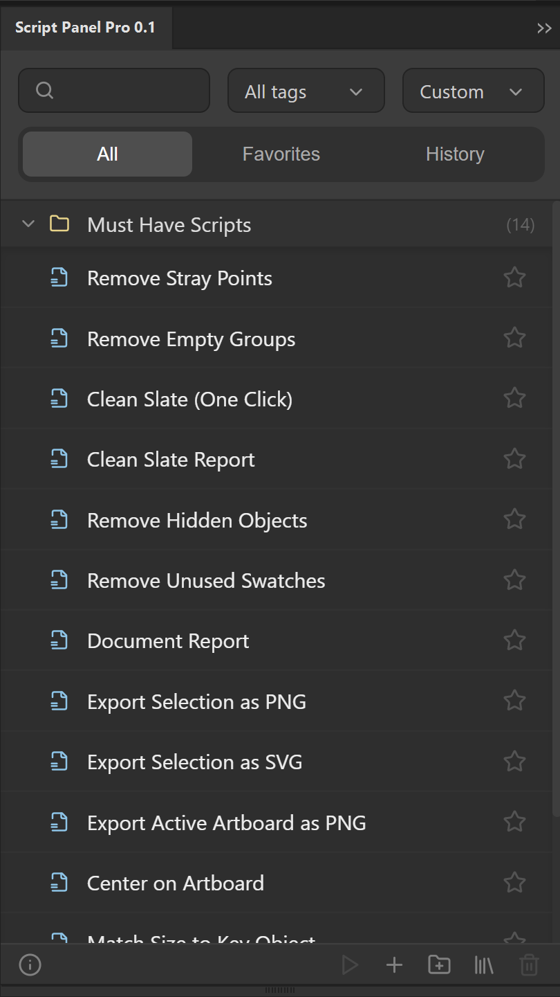 Script Panel Pro interface showing search, tags, and the Must Have Scripts library